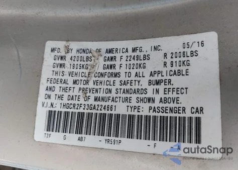 2016 Honda Accord Lx из США, поврежденный, VIN 1HGCR2F33GA224661